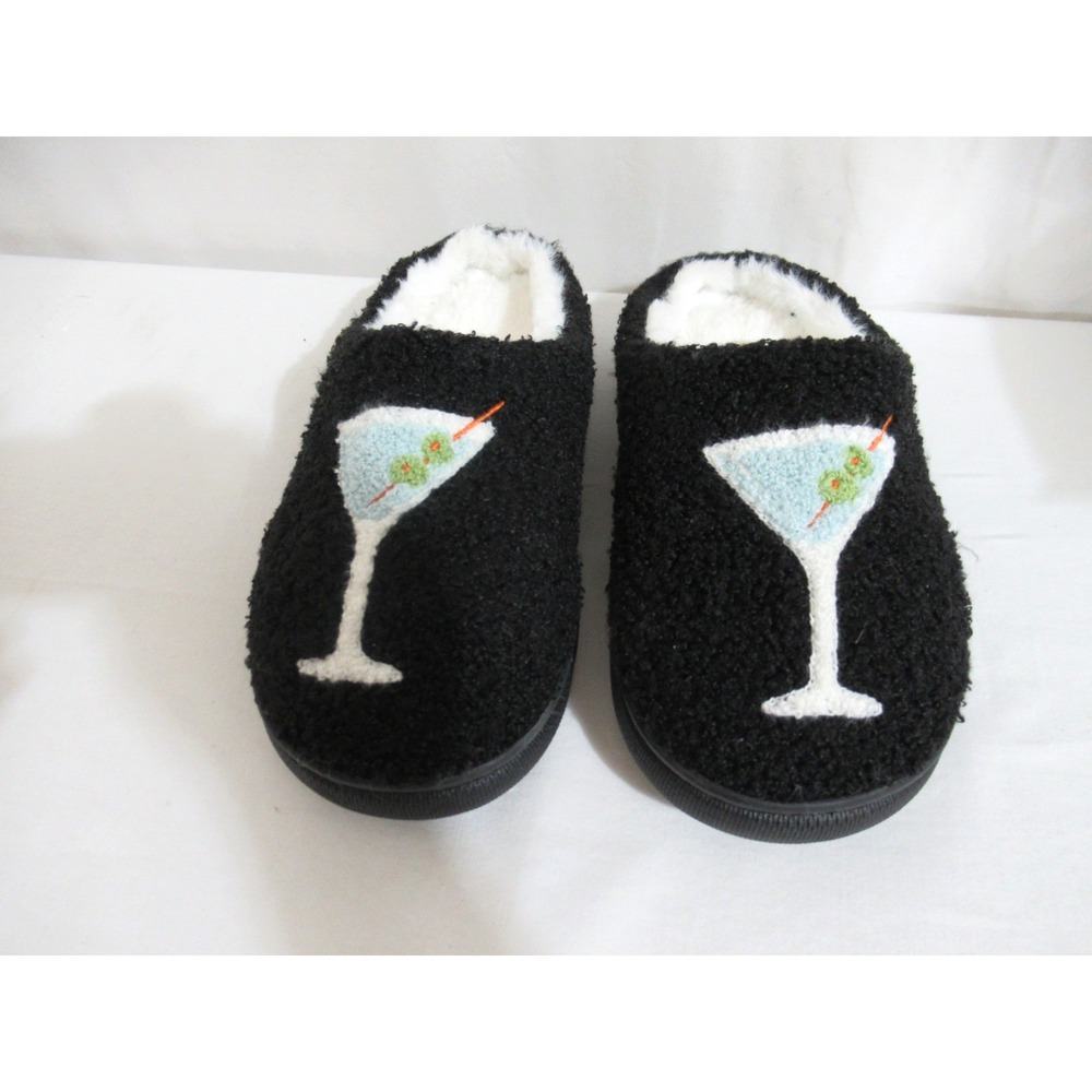 Lola Women's Size Medium 6.5-7.5 Black Fuzzy Martini Slide Slippers Non-Slip EUC
